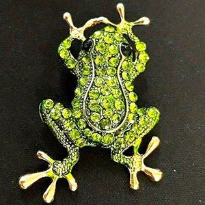 Frog Brooch Rhinestone Pin Stylish Sparkle Glam Green Toad Fun Whimsical Trendy